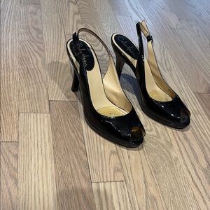 Cole Haan Black Patent Leather peep toe Slingback Heels Pumps Shoes 8.5